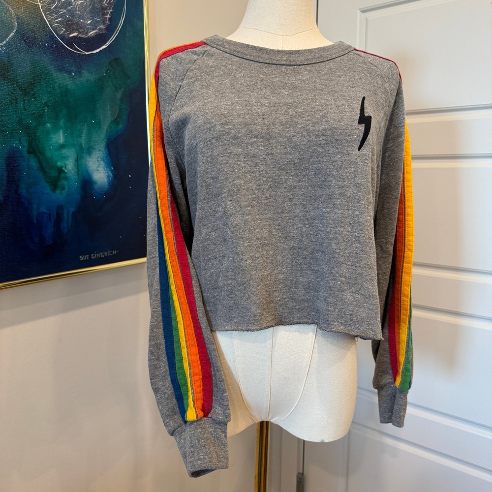 Aviator Nation Grey Rainbow Stripe Cropped Lightning Bolt Sweatshirt Size Small